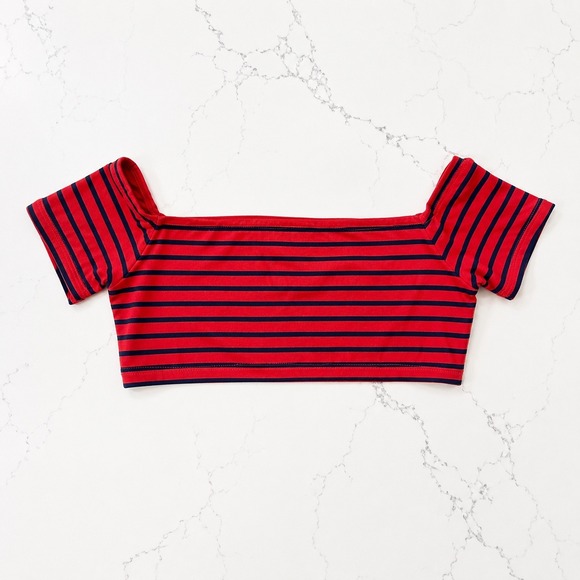 Michael Kors Other - MICHAEL Michael Kors Striped Bikini Top Size M Red Navy Short Sleeve Swim